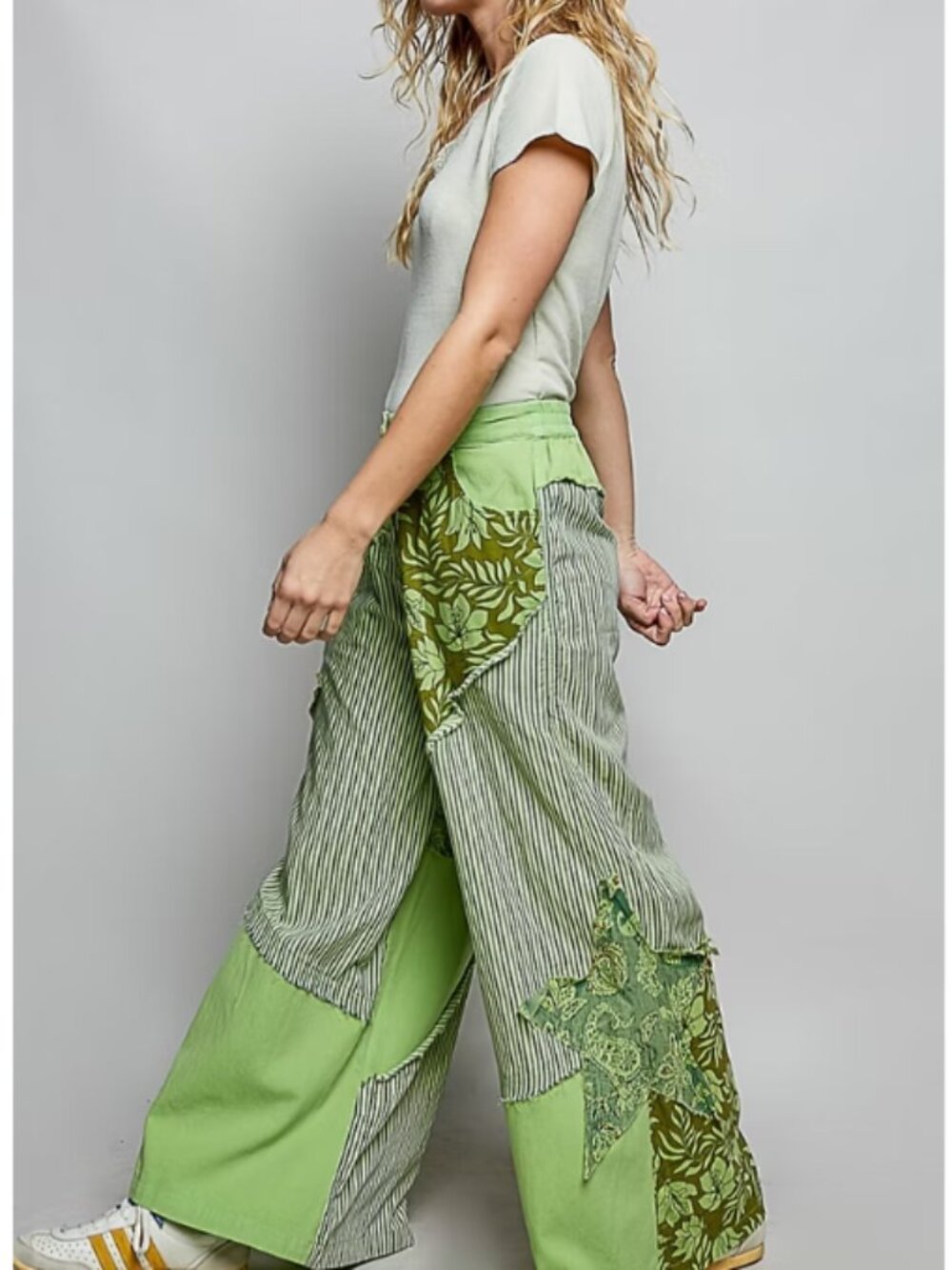 POL Patchwork Star Pants Small Green Tan Boho Cotton Wide Leg Cottagecore NWT